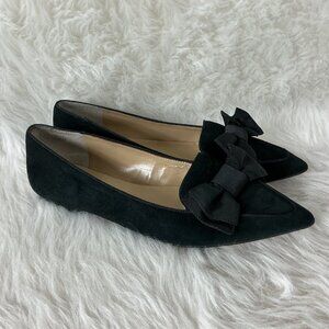 Ann Taylor Tiggy  Black Suede Pointed Toe Satin Bow Flats 8.5